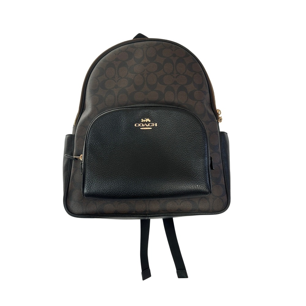 Coach Court Backpack Signature Canvas Black Brown Leather E2221-5695